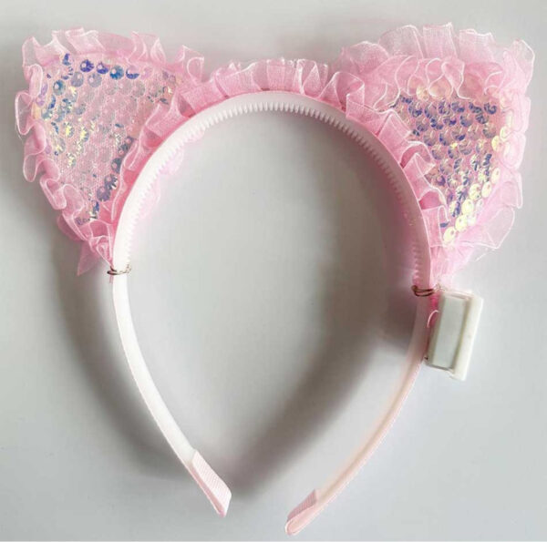Kenarları Dantelli Pembe Pullu Payetli Led Işıklı Kedi Kulak Taç 17x19 cm - Görsel 2
