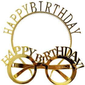 Happy Birthday Yazılı Taç ve Happy Birthday Yazılı Gözlük Seti Altın Renk