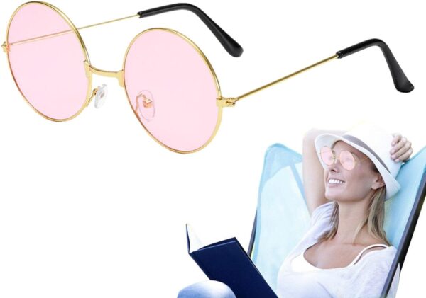 Yuvarlak Cam John Lennon Tarzı Hippi Gold Çerçeveli Pembe Gözlük - Görsel 2