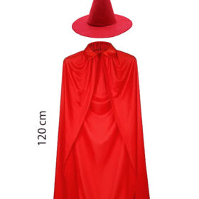 Yetişkin Boy 120 cm Kırmızı Yakalı Pelerin ve Kırmızı Cadı Şapkası