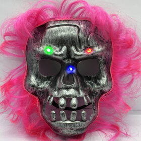 Pembe Saçlı Led Işıklı Kuru Kafa İskelet Korku Maskesi 22x25 cm