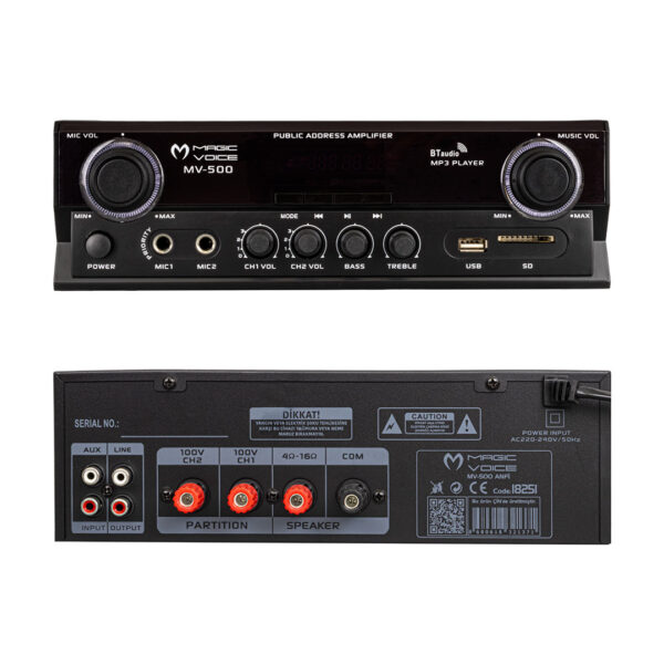 MV-500 100 WATT USB/SD GİRİŞLİ KUMANDALI BLUETOOTH 2 BÖLGELİ HAT TRAFOLU ANFİ - Görsel 2