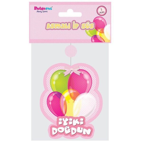 İyiki Doğdun Yazılı Asmalı İp Süs Pembe Renk 3 lü Set 12x45 cm - Görsel 3