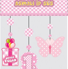 1 Yaş Temalı Asmalı İp Süs Pembe Renk 3 lü Set 12x45 cm