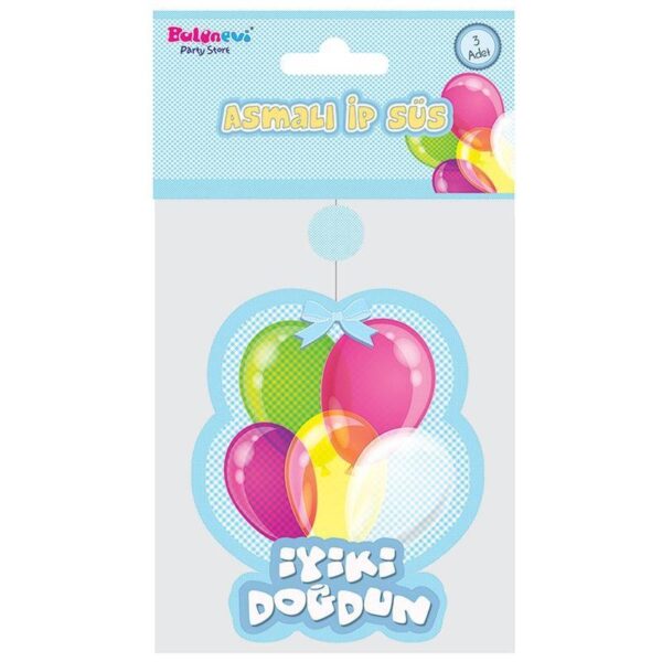 İyiki Doğdun Yazılı Asmalı İp Süs Mavi Renk 3 lü Set 12x45 cm - Görsel 3