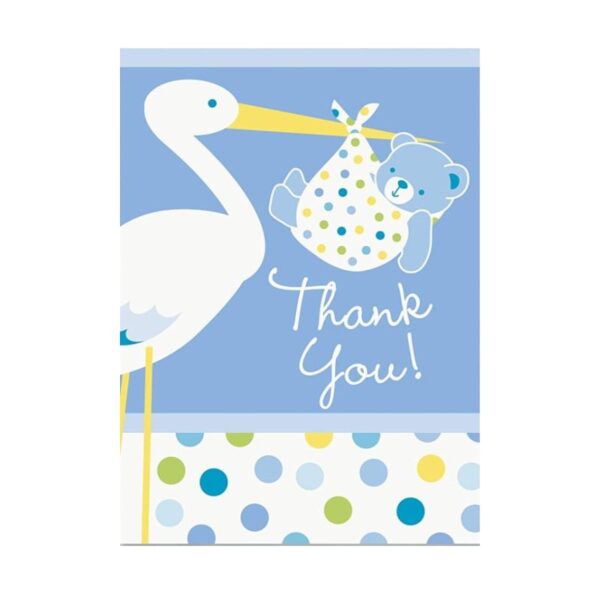 Mavi Renk Baby Stork Baby Shower Teşekkür Zarfı ve Not Seti 8 Adet - Görsel 2