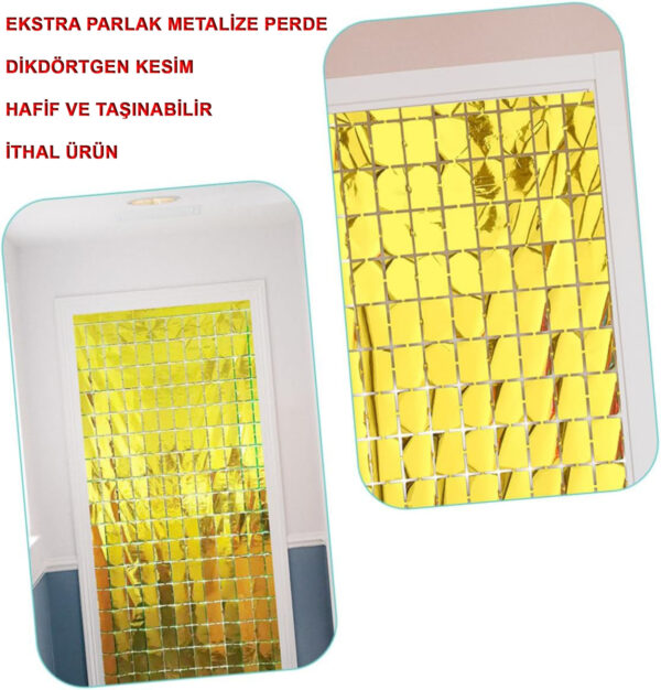 Ekstra Metalize Altın Renk Disko Dikdörtgen Kesim Kapı Perdesi Dekorasyon 1x2 Metre - Görsel 2