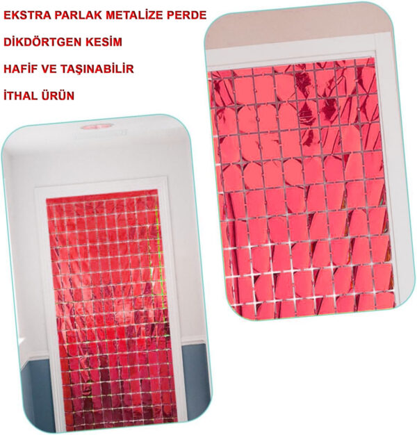 Ekstra Metalize Kırmızı Renk Disko Dikdörtgen Kesim Kapı Perdesi Dekorasyon 1x2 Metre - Görsel 2