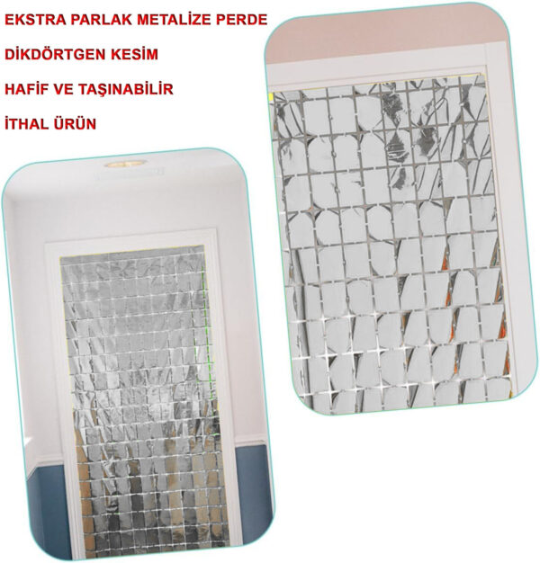 Ekstra Metalize Gümüş Renk Disko Dikdörtgen Kesim Kapı Perdesi Dekorasyon 1x2 Metre - Görsel 2