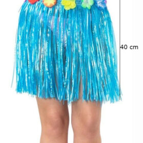 Yetişkin ve Çocuk Uyumlu Mavi Renk Püsküllü Hawaii Luau Hula Etek 40 cm