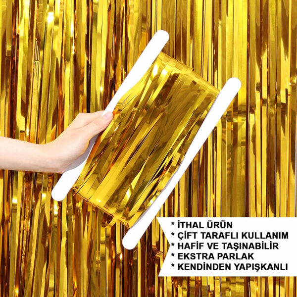 Altın Gold Renk Ekstra Metalize Parlak Saçaklı Arka Fon Perde İthal A Kalite 1x2 Metre - Görsel 5