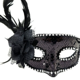 Siyah Renk Yandan Tüylü Güllü Gümüş Taşlı Pullu Maske 20x22 cm