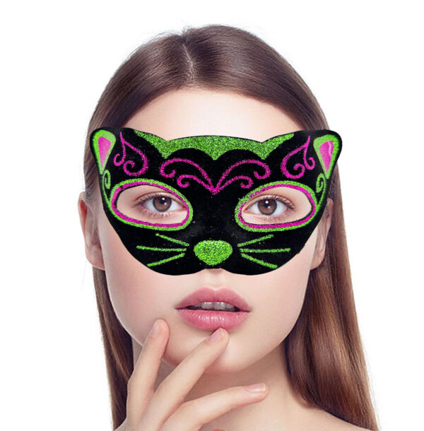 Siyah Kadife Kaplama Üzeri Pembe Yeşil Sim İşlemeli Kedi Maskesi 20x13 cm - Görsel 2