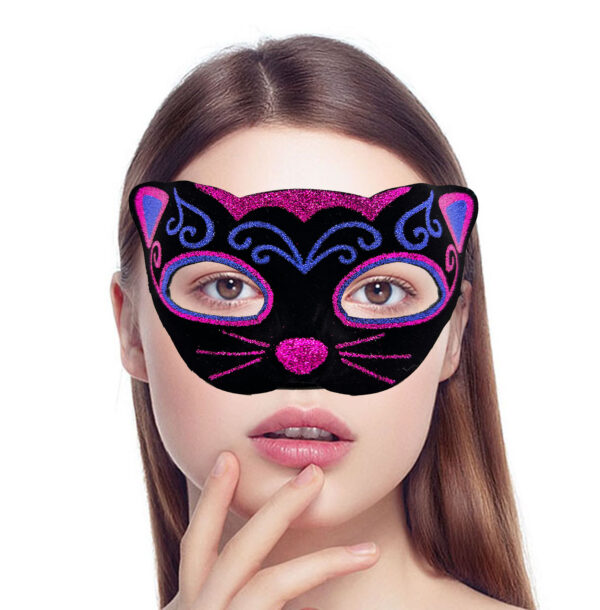 Siyah Kadife Kaplama Üzeri Pembe Mavi Sim İşlemeli Kedi Maskesi 20x13 cm - Görsel 2