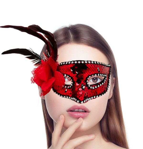 Kırmızı Renk Yandan Tüylü Güllü Gümüş Taşlı Pullu Maske 20x22 cm - Görsel 2
