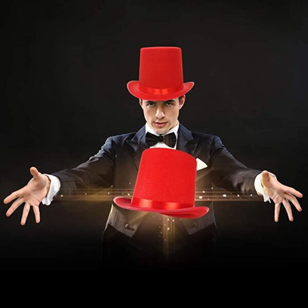 Yetişkinler İçin Kırmızı Renk Ringmaster Sihirbaz Şapkası Fötr Şapka 15 cm - Görsel 2