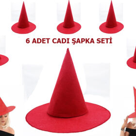 Kırmızı Renk Keçe Cadı Şapkası Yetişkin Çocuk Uyumlu 6 Adet