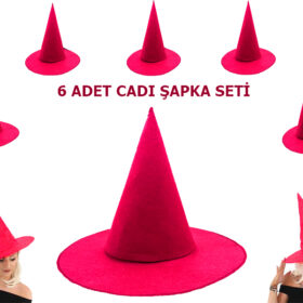 Pembe Fuşya Renk Keçe Cadı Şapkası Yetişkin Çocuk Uyumlu 6 Adet