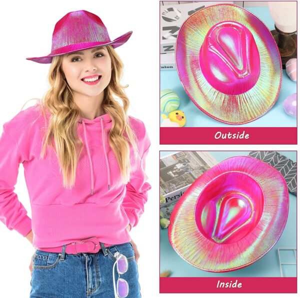 Neon Hologramlı Kovboy Model Parti Şapkası Fuşya Yetişkin 39X36X14 cm - Görsel 4