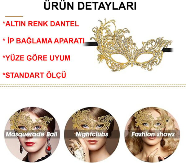 Altın Renk Dantel Maske Dantelli Parti Maskesi 16 No - Görsel 2