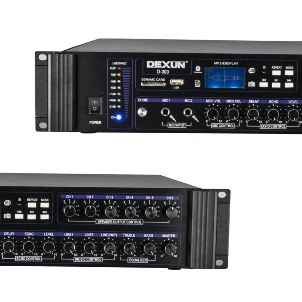 DEXUN D-300 250W 6 ZONE İKİ MİK GİRİŞ USB-BT 4/16-70-100V HAT TRAFOLU ANFİ - Görsel 2