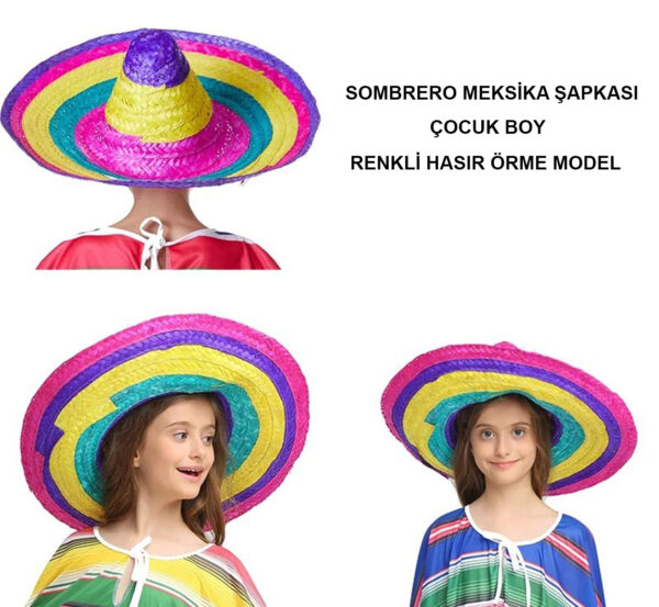 Sombrero Meksika Şapkası Renkli Örme Hasır Çocuk Boy - Görsel 5