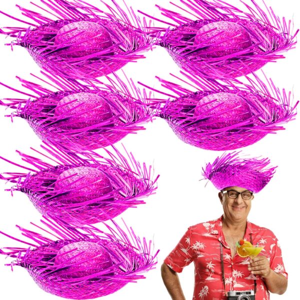 Tropikal Parti Pembe Fuşya Hasır Hawaii Şapkası 13x36 cm - Görsel 2