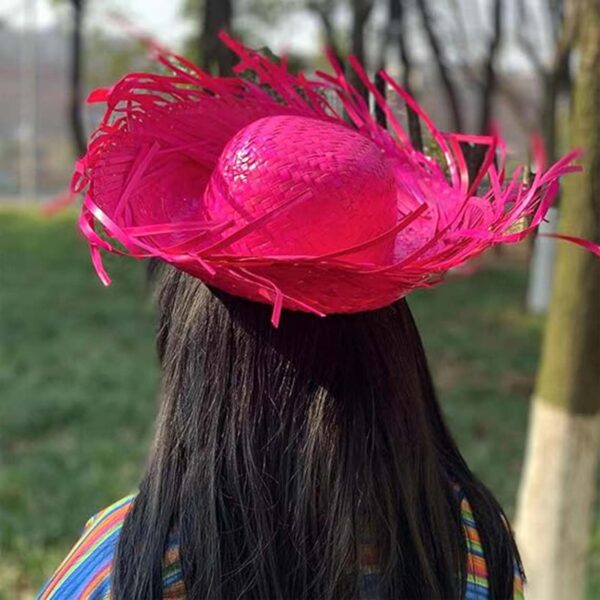 Tropikal Parti Pembe Fuşya Hasır Hawaii Şapkası 13x36 cm - Görsel 5