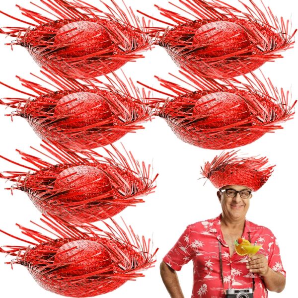 Tropikal Parti Kırmızı Hasır Hawaii Şapkası 13x36 cm - Görsel 2