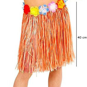 Yetişkin ve Çocuk Uyumlu Turuncu Renk Püsküllü Hawaii Luau Hula Etek 40 cm