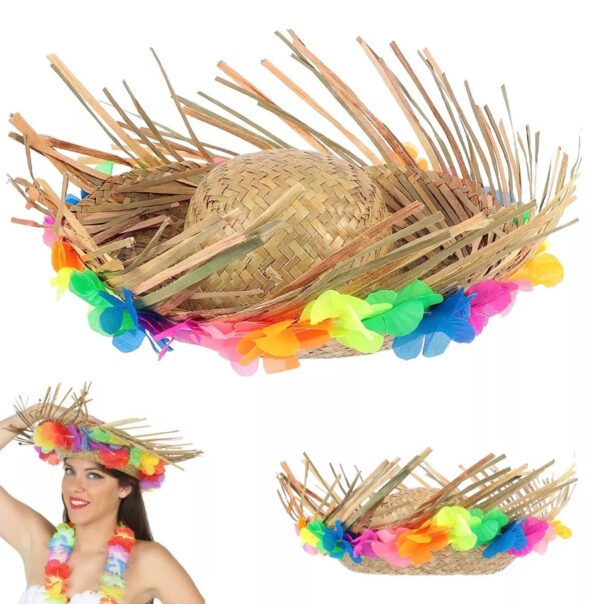 Naturel Renk Püsküllü Örme Hasır Hawaii Luau Aloha Şapka 13x36 cm - Görsel 2