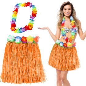 Hawaii Luau Aloha Turuncu Püsküllü 40 cm Etek ve Hawaii Kolye Seti (4172)