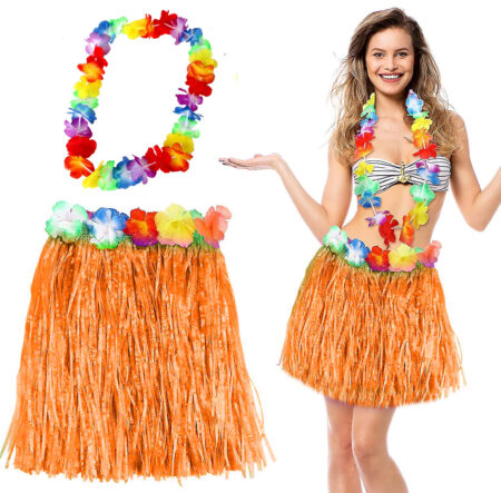 Hawaii Luau Aloha Turuncu Püsküllü 40 cm Etek ve Hawaii Kolye Seti (4172)