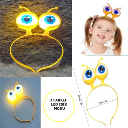 Led Işıklı &amp;amp; Pilli 3 Farklı Modda Yanan Uzaylı Göz Parti Tacı Sarı Renk 18x12 cm (4172)