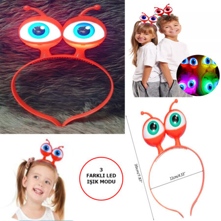 Led Işıklı &amp;amp; Pilli 3 Farklı Modda Yanan Uzaylı Göz Parti Tacı Kırmızı Renk 18x12 cm (4172)