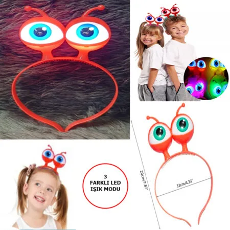 Led Işıklı &amp;amp; Pilli 3 Farklı Modda Yanan Uzaylı Göz Parti Tacı Kırmızı Renk 18x12 cm (4172)
