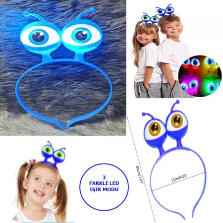 Led Işıklı &amp;amp; Pilli 3 Farklı Modda Yanan Uzaylı Göz Parti Tacı Mavi Renk 18x12 cm (4172)