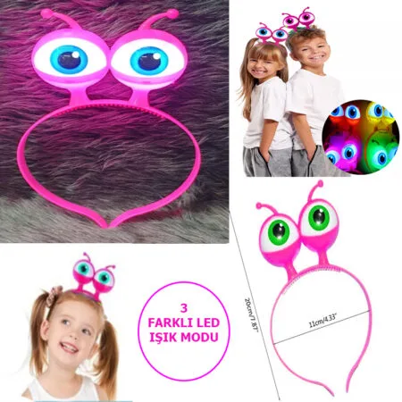 Led Işıklı &amp;amp; Pilli 3 Farklı Modda Yanan Uzaylı Göz Parti Tacı Pembe Renk 18x12 cm (4172)