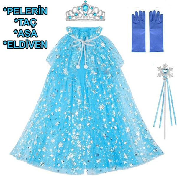 Frozen Elsa Pelerin Taç Asa ve Eldiven Seti 80 cm - Görsel 2