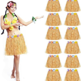 Yetişkin ve Çocuk Uyumlu Saman Renk Hawaii Luau Hula Etek 40 cm 12 Adet