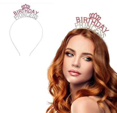 Kristal Taşlı Pembe Birthday Princess Yazılı Parti Tacı 19x11 cm (4172)