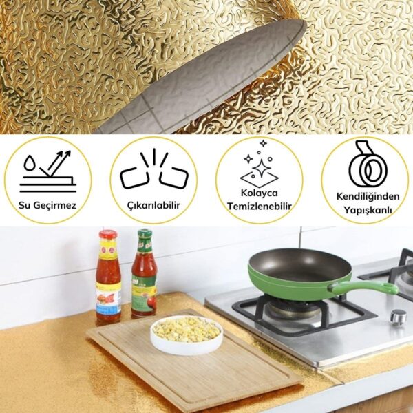 10 Metre Kendinden Yapışkanlı Silinebilir Mutfak Tezgah Üstü Sticker Folyo Gold Renk (4172) - Görsel 5