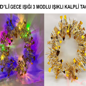 Kalp Püsküllü Gece Parıltısı 3 Modlu LED&#39;li Işıklı Taç Altın Renk