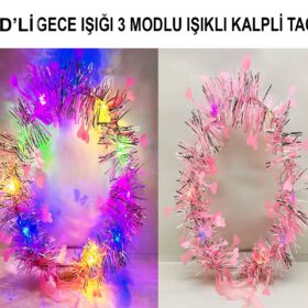 Kalp Püsküllü Gece Parıltısı 3 Modlu LED&#39;li Işıklı Taç Pembe Renk