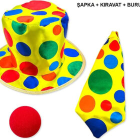 Renkli Palyaço Kostüm Seti – 3 Parça Aksesuar (Şapka, Kravat, Burun)