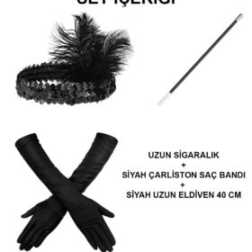 1920&#39;ler Gatsby Aksesuar Seti – Siyah Charleston Saç Bandı, Uzun Eldiven & Sigaralık