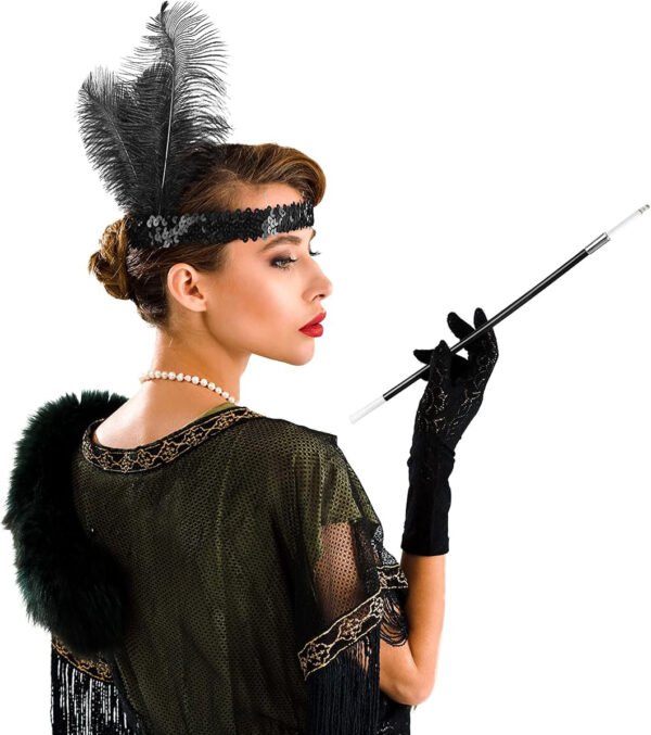 1920'ler Gatsby Aksesuar Seti – Siyah Charleston Saç Bandı & Sigaralık - Görsel 2
