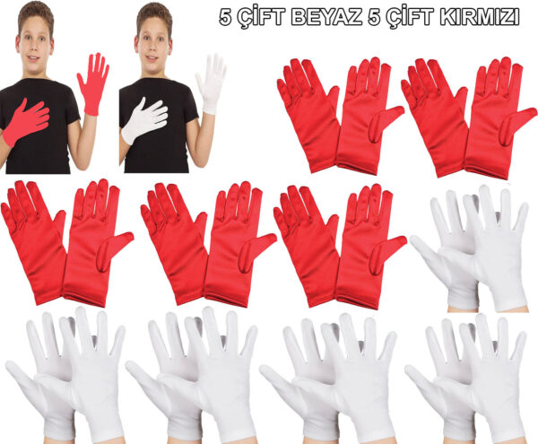 Çocuk Gösteri Eldiven Seti – 5 Çift Beyaz & 5 Çift Kırmızı