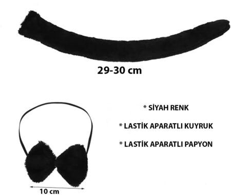 Peluş Siyah Renk Kuyruk ve Papyon Yetişkin Çocuk Uyumlu (4172)