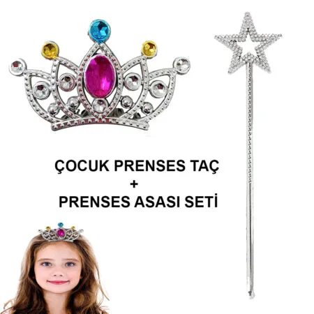 Çocuklar İçin Taraklı Prenses Tacı ve Prenses Yıldız Asa Seti Gümüş (4172)